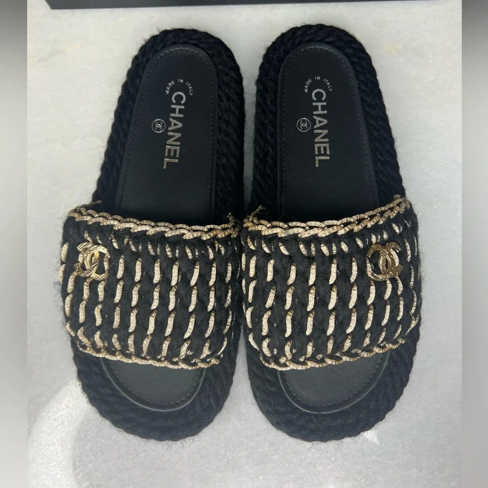 NEW CHANEL WOMENS BRAIDED KNIT METALLIC CC SLIDES SZ EU 39 - Picture 7 of 12